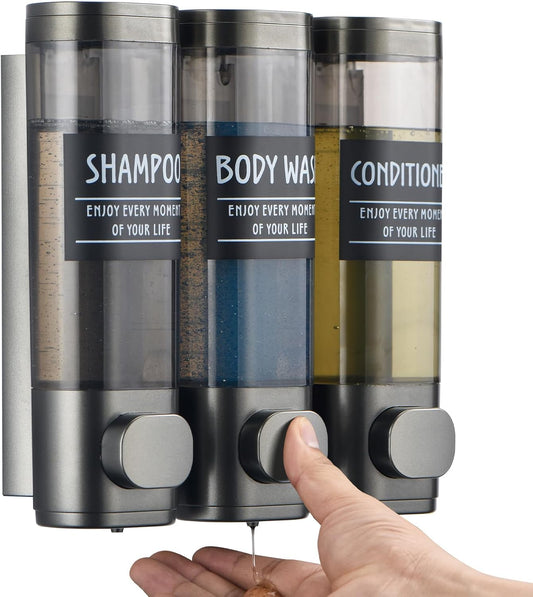 Shampoo and Conditioner Dispenser,Glintgath Shower Dispenser 3 Chamber No Drill Shampoo Dispenser for Shower Wall Mounted Shower Soap Dispenser for Bathroom Hotel,3 * 350Ml,Gun Gray