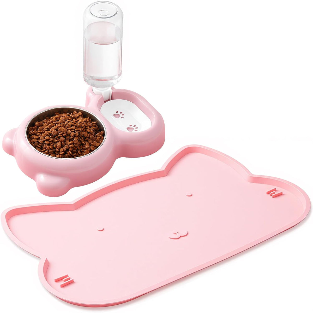 Pink Dog Cat Food and Water Bowl Set with Non-Slip Silicone Mat