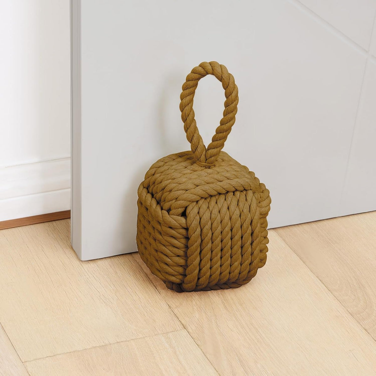 Optish Decorative Door Stoppers - Cute Rope Knot Design, Heavy Duty Weighted Doorstop with inside Mount for Home & School, Khaki