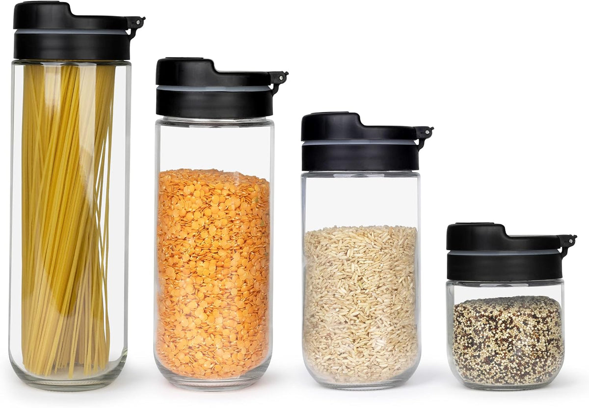Premium Borosilicate Glass Food Storage Containers with Innovative Press & Release Lid with Airtight Silicone Seal,Sugar or Flour Container,Big and Small Food Jar for Pantry