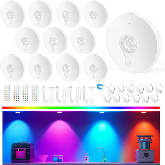 Rechargeable Puck Lights with Remote, 12 Pack Magnetic under Cabinet Lighting, 1500Mah Battery Operated LED Tap Lights with Dimmer & Timmer for Kitchen, Closet, Shelf - 3 Color Temps & 12 RGB, White