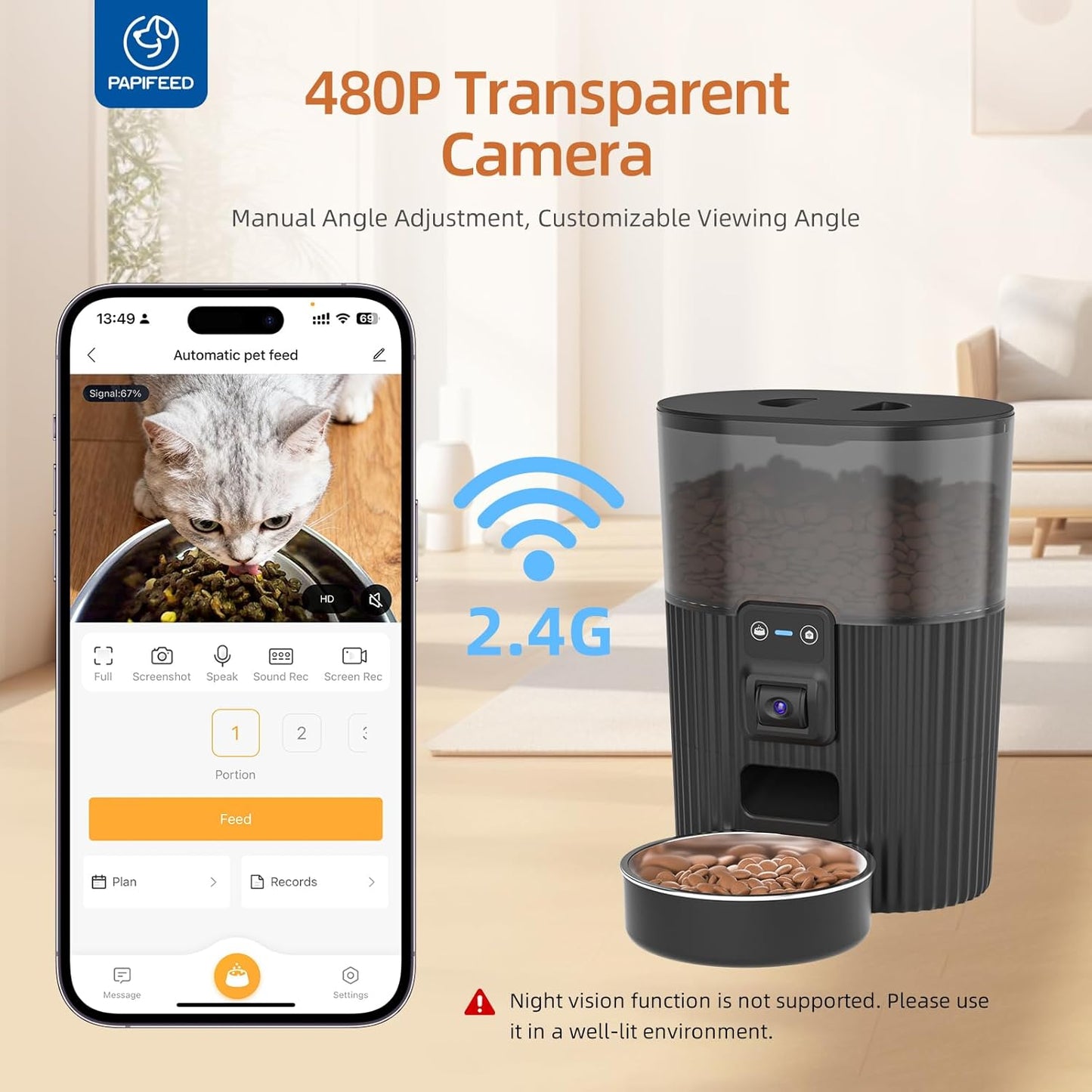 PAPIFEED Automatic Cat Feeder with Camera, 3L Cat Food Dispenser with App, 2.4G Wifi Timed Cat Feeder for Dry Food, 2-Way Audio, Smart Pet Feeder for Small Dog, 10 Meals/Day, 6 Portions/Meal