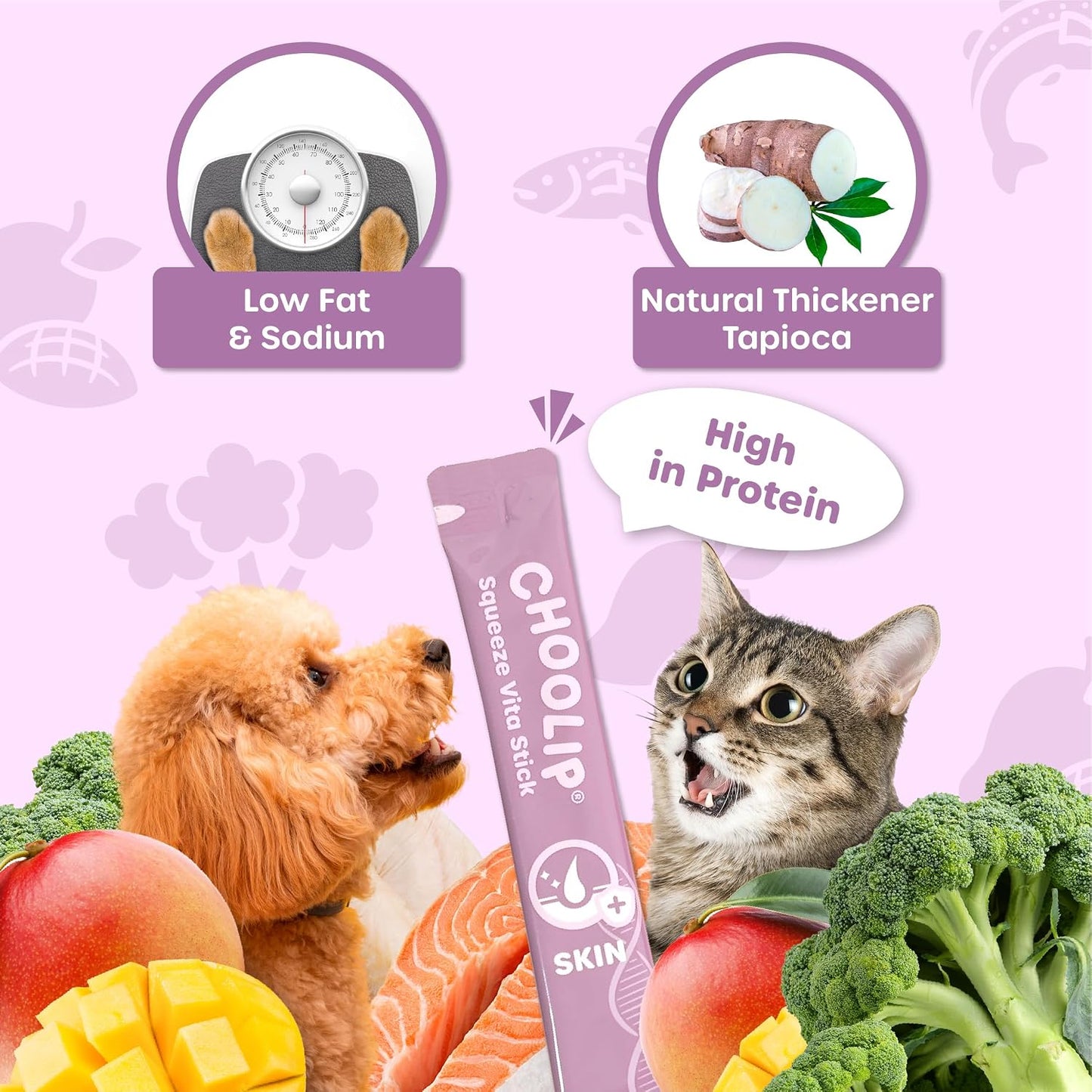 Choolip Squeeze Vita Stick Lickable Cat and Dog Treats, 49-Count Skin and Coat Variety Pack, Salmon and Pollack with Biotin and Vitamin E