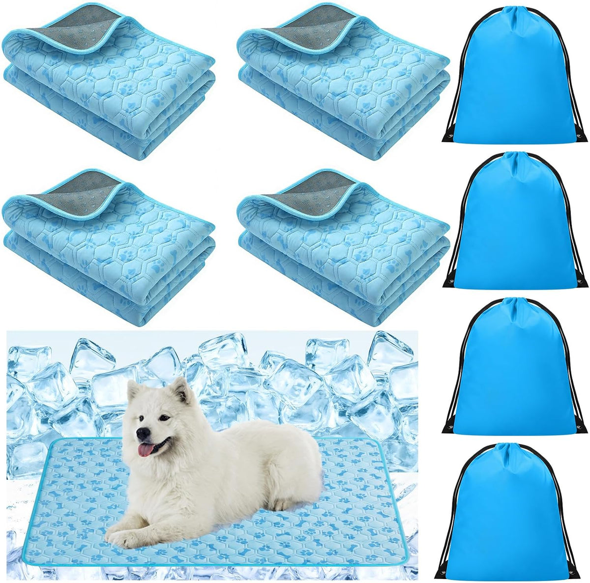Hahafelt 4 Pack Dog Cooling Mat with Storage Bag 40" X 28" Blue Ice Silk Cooling Mat for Dogs Cats Washable Foldable Pet Sleeping Pad for Crate Bed Indoor and Outdoor Floor