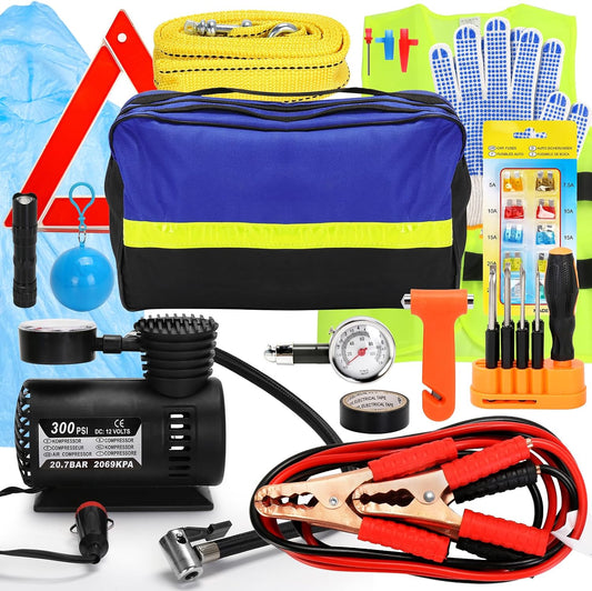 Car Safety Kit,14-Piece Roadside Emergency Car Kit,Vehicle Emergency Kit with Jumper Cables,Car Emergency Kit with Portable Air Compressor Tow Trap for Travel Camping,Car Kit Essentials