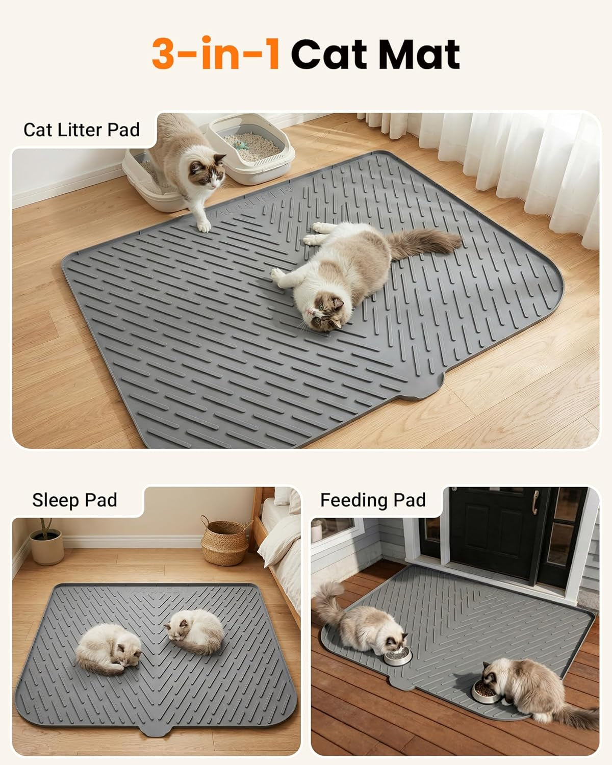 Cat Litter Box Mat, 47" X 37" Extra Large Cat Litter Mat, Silicone Waterproof Litter Trapping Mat for Scatter Control Soft on Kitty Paws Non-Slip Easy to Clean (Gray)
