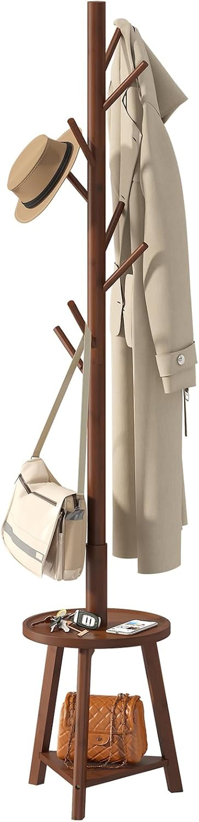 BMOSU Coat Rack Freestanding Stand with 2 Shelves Bamboo Wooden Coat Tree Easy Assembly 8 Hooks Standing Jackets Hanger Hallway Office Floor Coat Stand Brown
