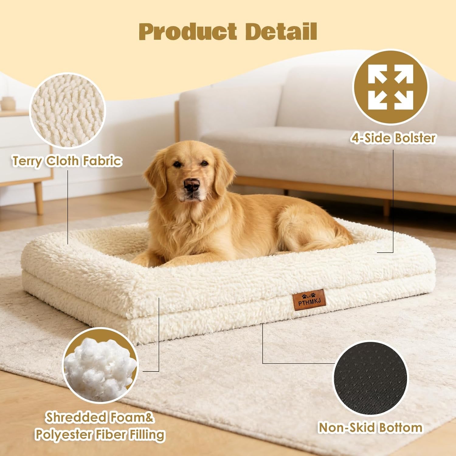 Orthopedic Dog Bed for Medium Dog Cat Noodle Cover Egg-Foam Dog Cat Bed Medium Pet Sofa with Removable Cover Washable Waterproof Pet Couch Beds (White, 30.0" L X 20.0" W X 6.3" Th)