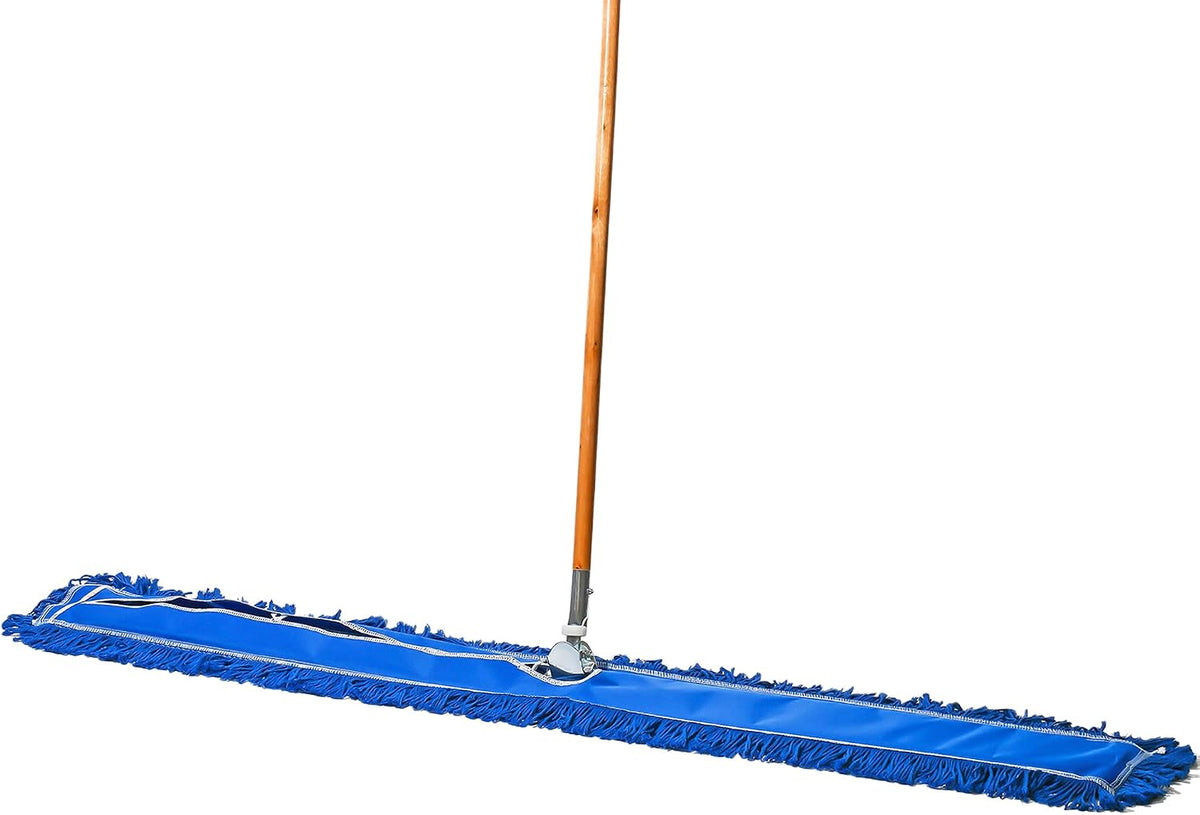 Commercial Dust Mop & Floor Sweeper, 60 In. Dust Mop for Hardwood Floors, Reusable Dust Mop Head, Wooden Broom Handle, Industrial Dry Mop for Floor Cleaning and Janitorial Supplies, Blue