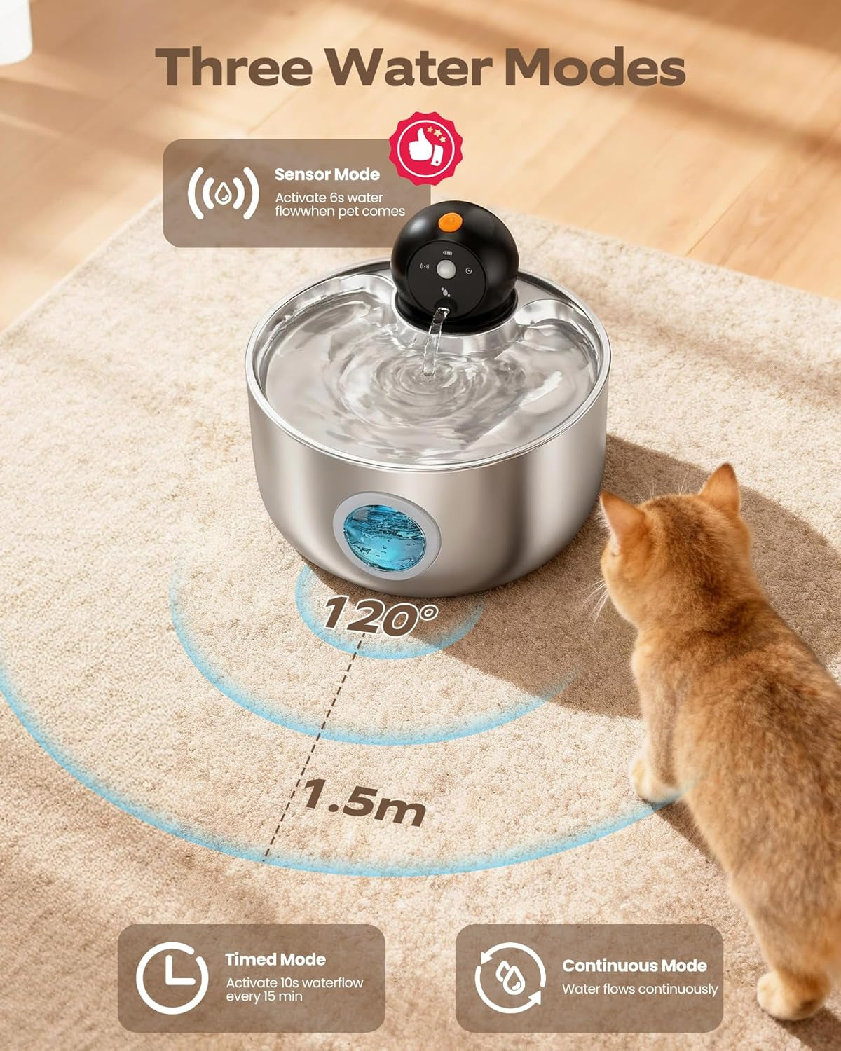 Wireless Cat Water Fountain Cordless: Stainless Steel Cat Fountains for Drinking - 88Oz/2.6L Battery Operated Pet Water Fountain Indoor with Motion Sensor - Rechargeable Automatic Water Dispenser