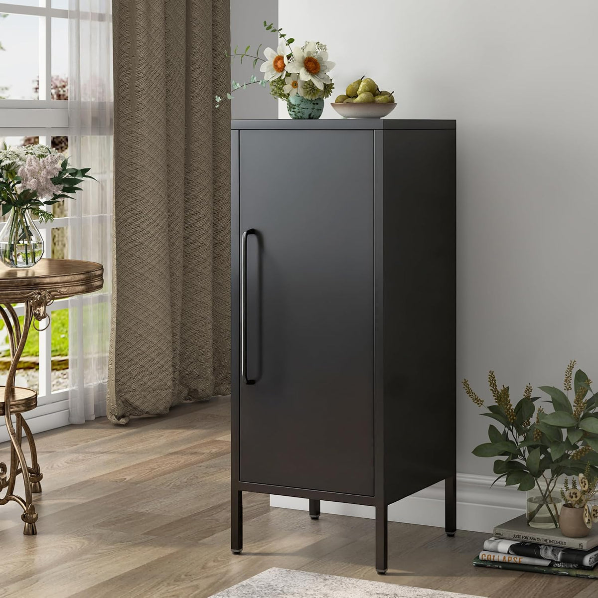 Metal Storage Cabinet with Door & 2 Adjustable Shelves 39.5” Small Storage Cabinet with Magnetic Closure for Home Office Garage Kitchen (Black)