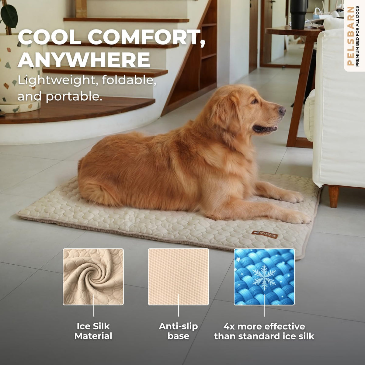 Pelsbarn Dog Cooling Mat, Ice Silk Self-Cooling Pad, Light Beige, XL