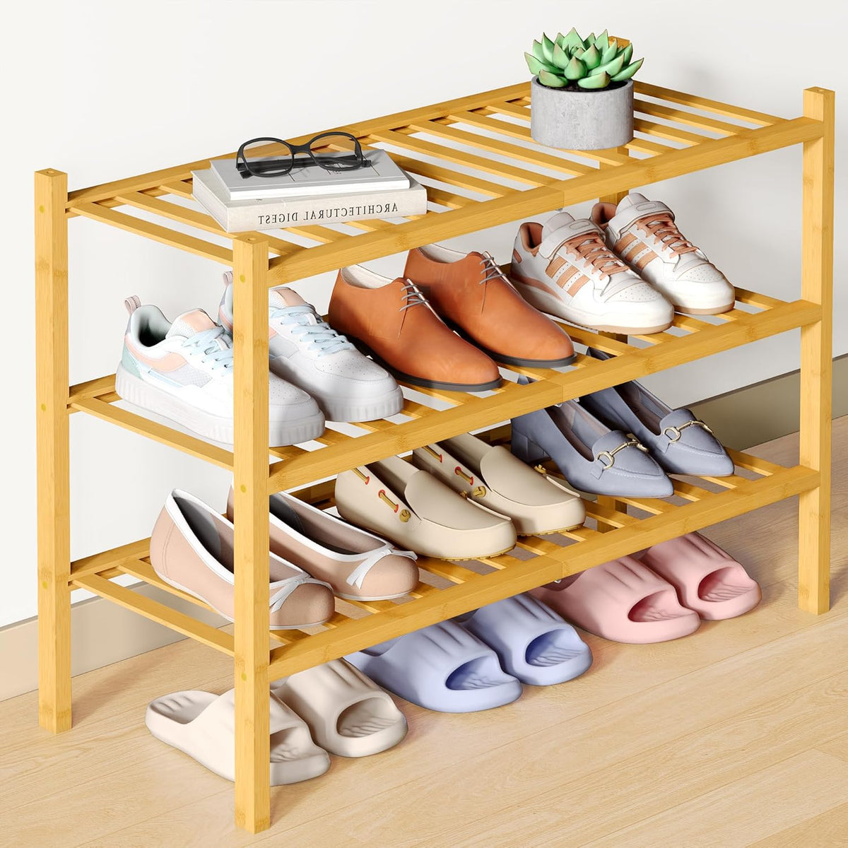 Smiry Bamboo Shoe Rack for Closet, 3 Tier - 14 Vertical Slats, Natural
