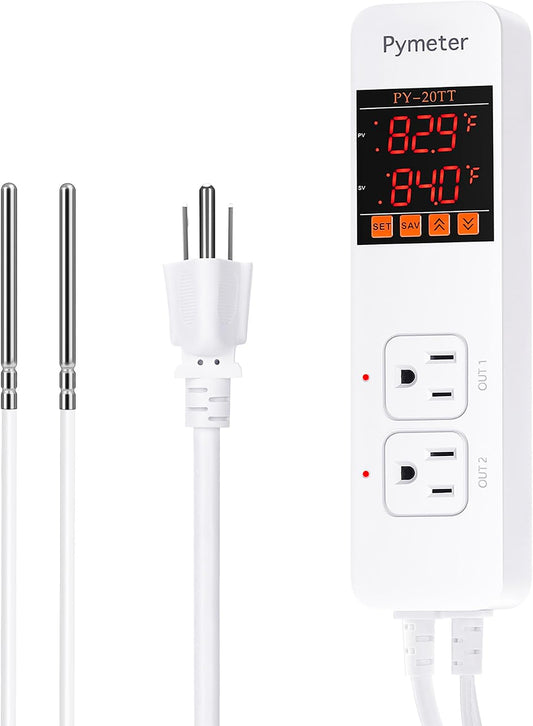 Digital Temperature Controller Dual Probe Reptile Thermostat Controlled Outlet for Terrarium Heat Mat Heating Pad, Switch Cooling Fan Freezer Fridge on & off at Setpoints 10A 1200W