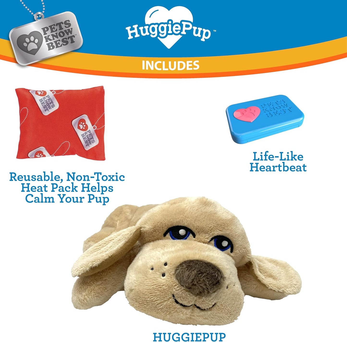 Huggiepup by Pets | Comfort Companion with Heartbeat Sleep Aide for Dogs & Puppies, Heating for Calming Relief Day or Night, Crate & Behavioral Training Essential Breeds | Golden