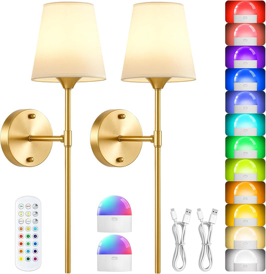 DAKAFUL Battery Operated Wall Sconce Set of 2, Gold Rechargeable Wall Lights with Remote - 3CCT Adjustable Color Temperature | RGBW LED, Dimmable Wireless Wall Lamps for Bedroom Indoor Decor
