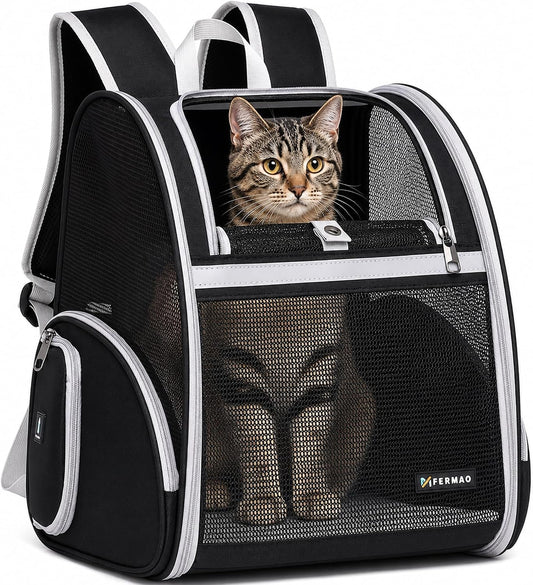Cat Backpack Carrier for Small Dogs and Medium Cat Puppy Kitten Bunny Pet Carrier Backpack Collapsible with Fully Ventilated Mesh with Safety Leash (Black, 12.9" L X 10.62" W X 15.5" H - M)