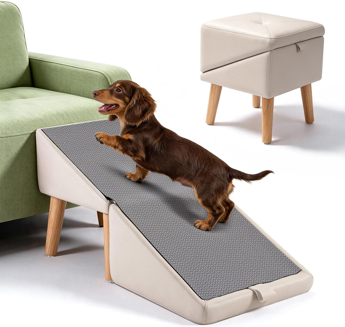 Dog Ramp for Couch and Bed, 16" High Foldable 2-In-1 Dog Ramp Ottoman, Solid Wood Frame with Non-Slip Mat, Easy to Assemble & Clean Pet Ramp, Pet Stairs Alternative Safe for Small Senior Injured Dogs