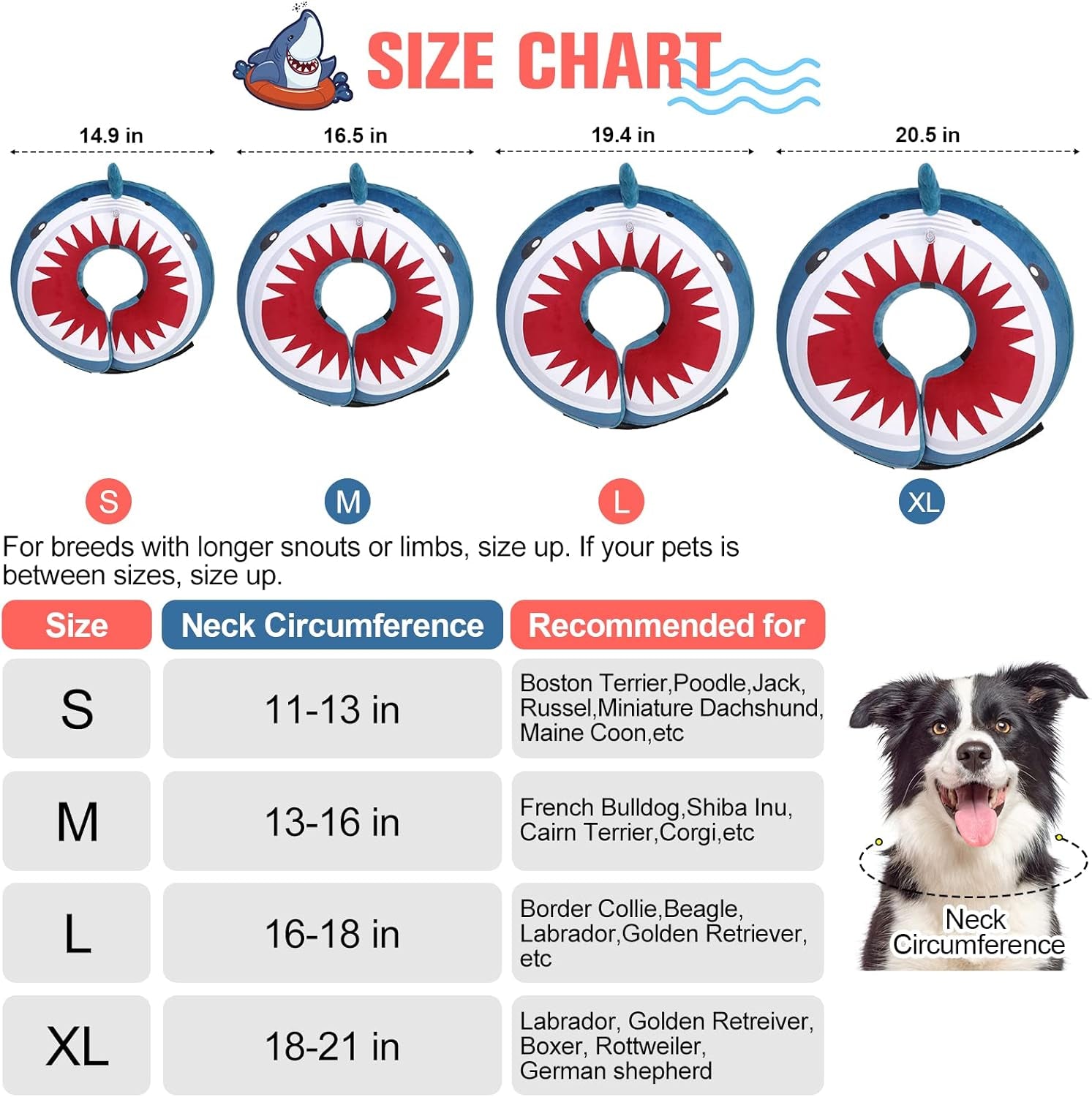BEAUTYZOO Dog Cone Alternative after Surgery for Large Medium Small Dogs, Soft Inflatable Cone Collar for Dogs Cats, Dog Neck Donut E Collar Dogs Recovery Collar to Stop Licking, Shark Blue, M