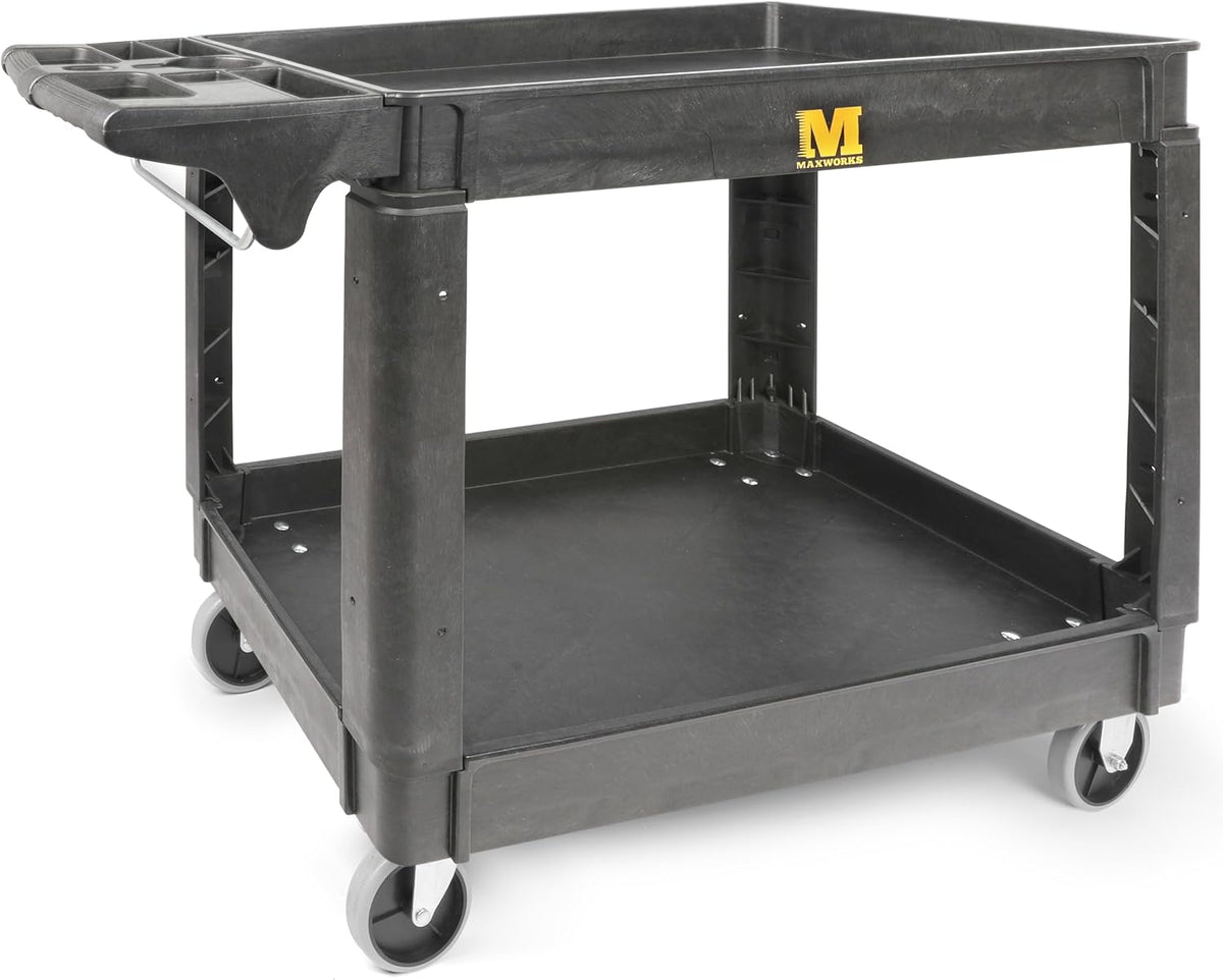 Maxworks Heavy Duty 2‑Shelf Service Cart 500 Lb Capacity Polypropylene Utility Cart with 5" Non‑Marring Casters Deep Trays and Built‑In Tool Storage for Garage Warehouse Workshop (80855)
