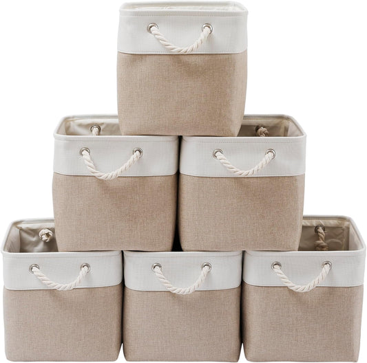 Midmmvick 13 X 13 Inch Cube Storage Bins, 6 Pack Extra Large Collapsible Fabric Storage Bin with Ropes, Foldable Storage Cubes for Home (White & Beige-13"X13"X13")