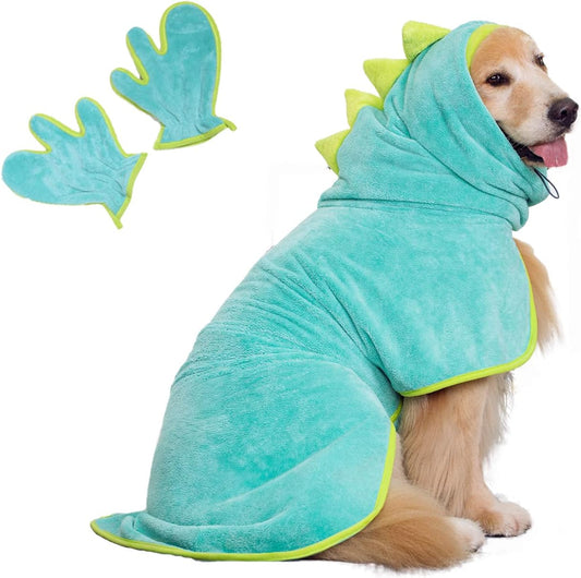 Pawyee Super Soft Fast-Drying Dog Towel Set for Cold Weather, Beach, Pool - Adjustable Microfiber Bath Robe with Drying Gloves for Cats and Dogs (L, Blue Dino)