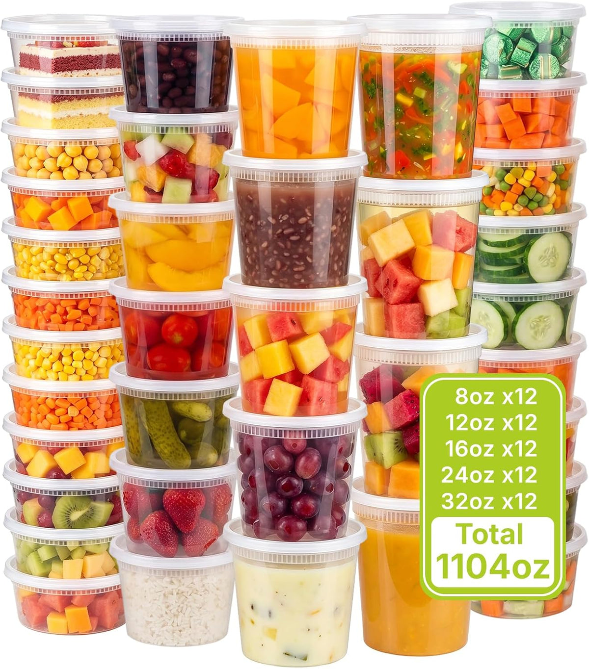 60 Sets Deli Containers with Lids, 32/24/16/12/8 Oz (12 Set Each), Leakproof & Airtight BPA Free Takeout Food Storage Containers for Soup, Meal Prep, Freezer, Microwave & Dishwasher Safe