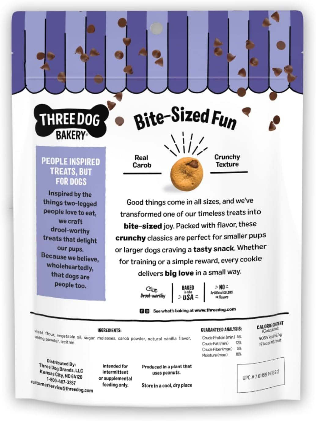 Three Dog Bakery Mini Carob Chip Cookies for Dogs, Crunchy Dog Treats with Real Ingredients, 8 Oz