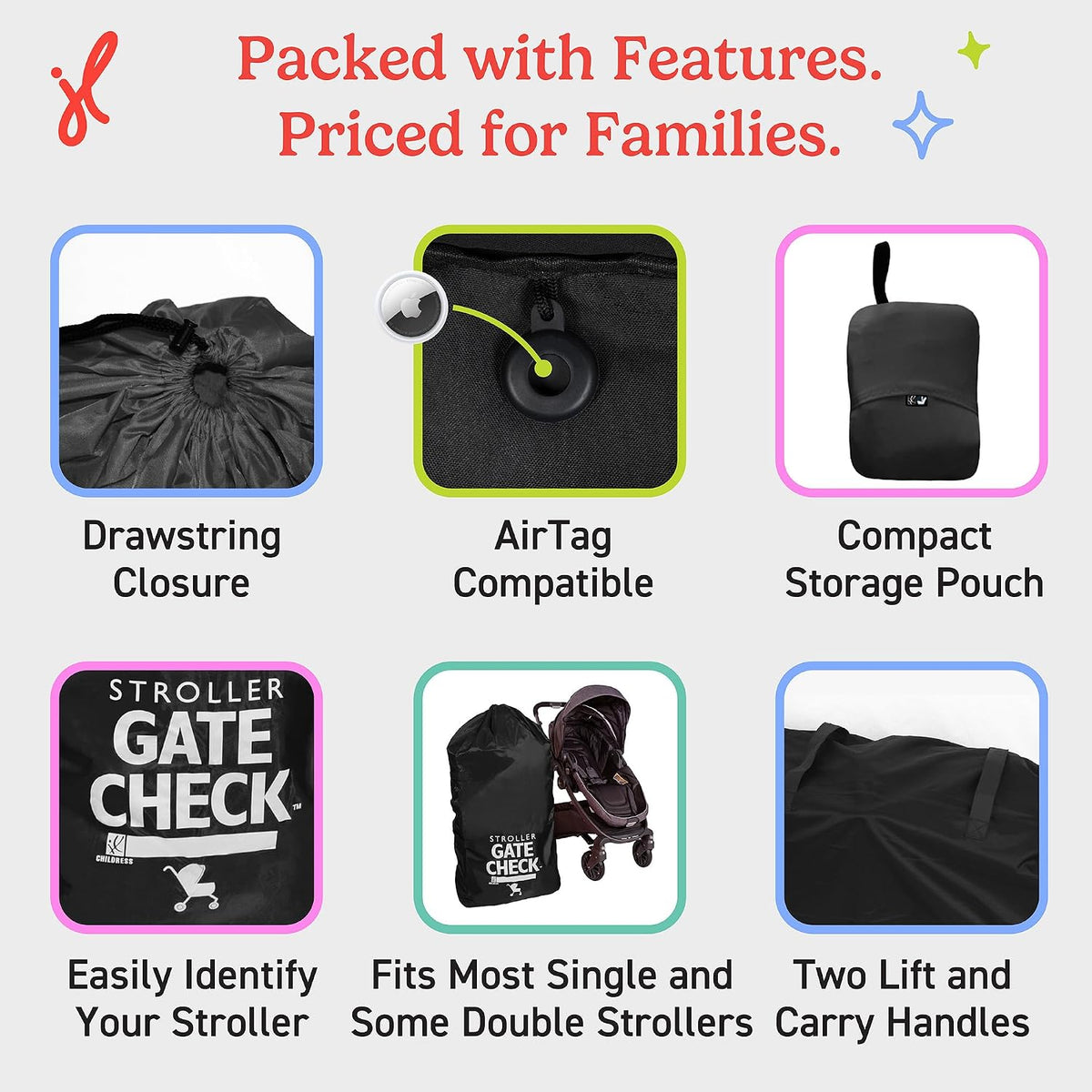 J.L. Childress Gate Check Travel Bag for Single & Double Strollers, Black