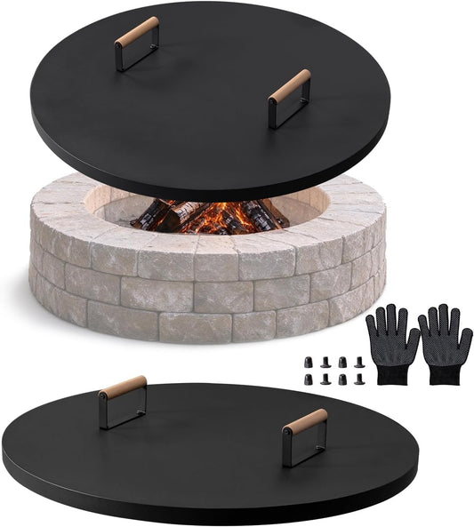 Fire Pit Lid Cover round - 34" Powder Coated Steel Firepit Cover, Rust Resistant Lid with 2 Elevated Wooden Handles, Weatherproof 2-In-1 Patio Tabletop, Fits Fire Pits up to 32"