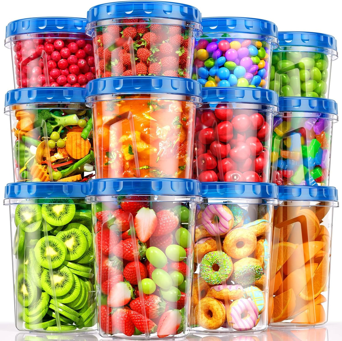 Biuleon [12 Pack-34/24/17Oz Freezer Storage Containers with 3 Different Sizes, Plastic Soup Containers with Lids, Bpa-Free Food Storage Containers with Twist Top Lids, Reusable Meal Prep Containers