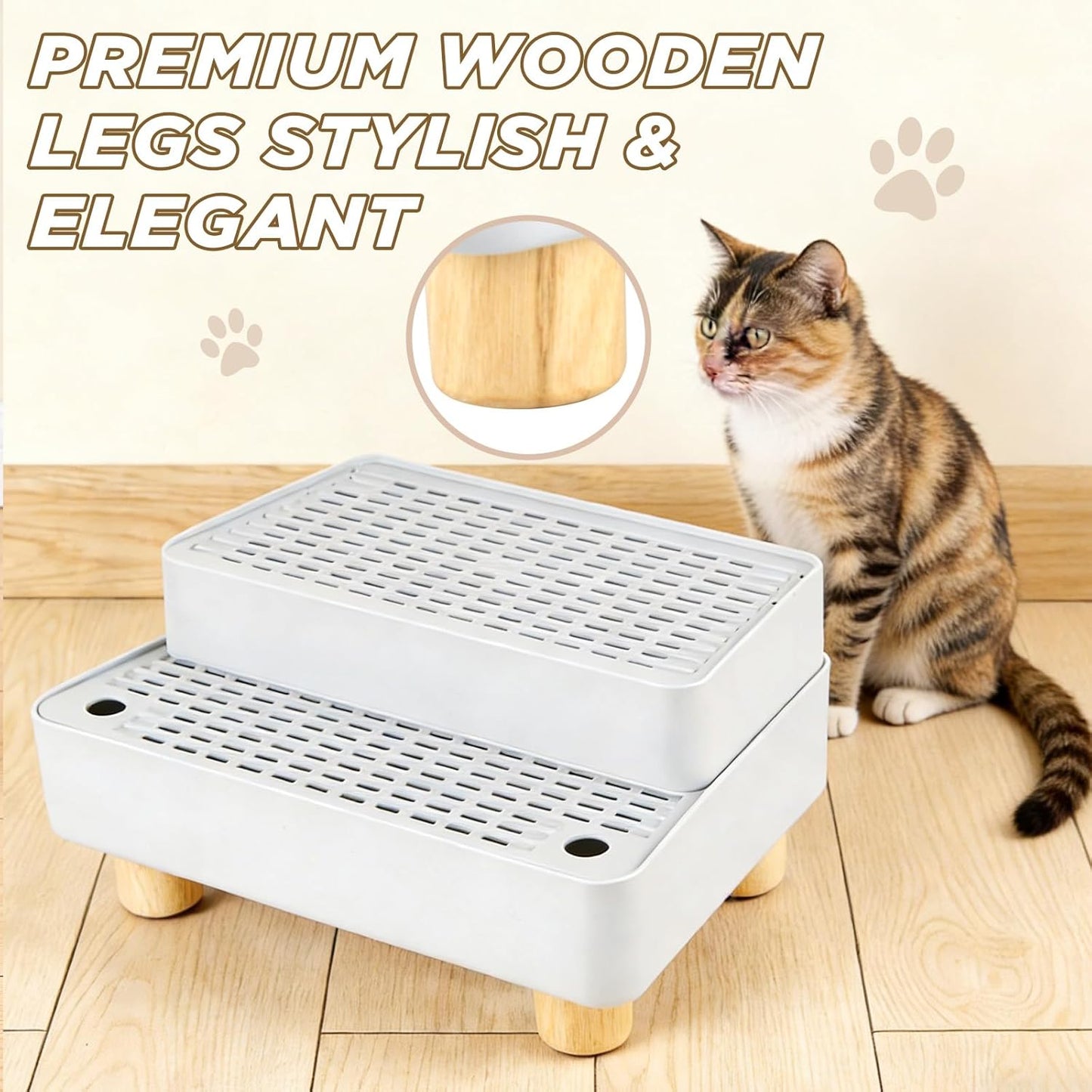 Adjustable Litter Box Step, Cat Litter Box Ramp/Catcher with Wooden Feet | 2 Steps,Fits Automatic Litter Box Steps, Filter Function, Anti-Tracking, Easy to Clean, for Small & Elderly Cats