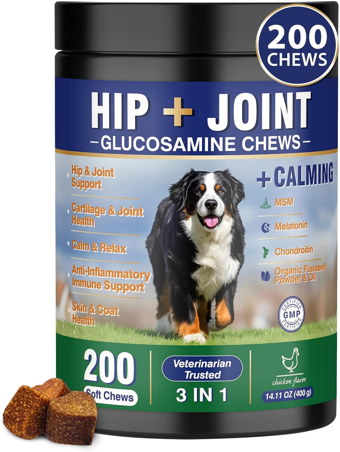 Hip and Joint Supplement for Dogs 200 Dog Calming Chews with Glucosamine, Chondroitin, Msm, Omega3, Melatonin for Senior Dogs Anxiety Pain Relief anti Inflammatory Small/Medium/Large Dog -Chicken