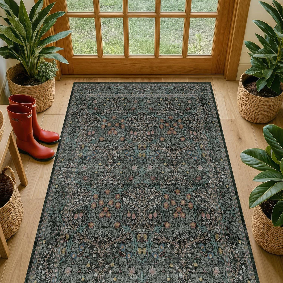 Vintage Floral Dark Green 3X5 Area Rugs for Entryway, Kitchen, Bedroom beside Rug, Laundry Room, Non-Slip Low Pile Ultra Soft Stain Resistant Small Carpet