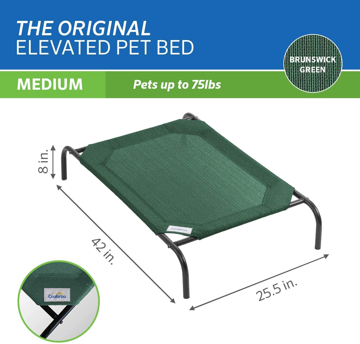 Coolaroo the Original Cooling Elevated Pet Bed, Medium, Brunswick Green