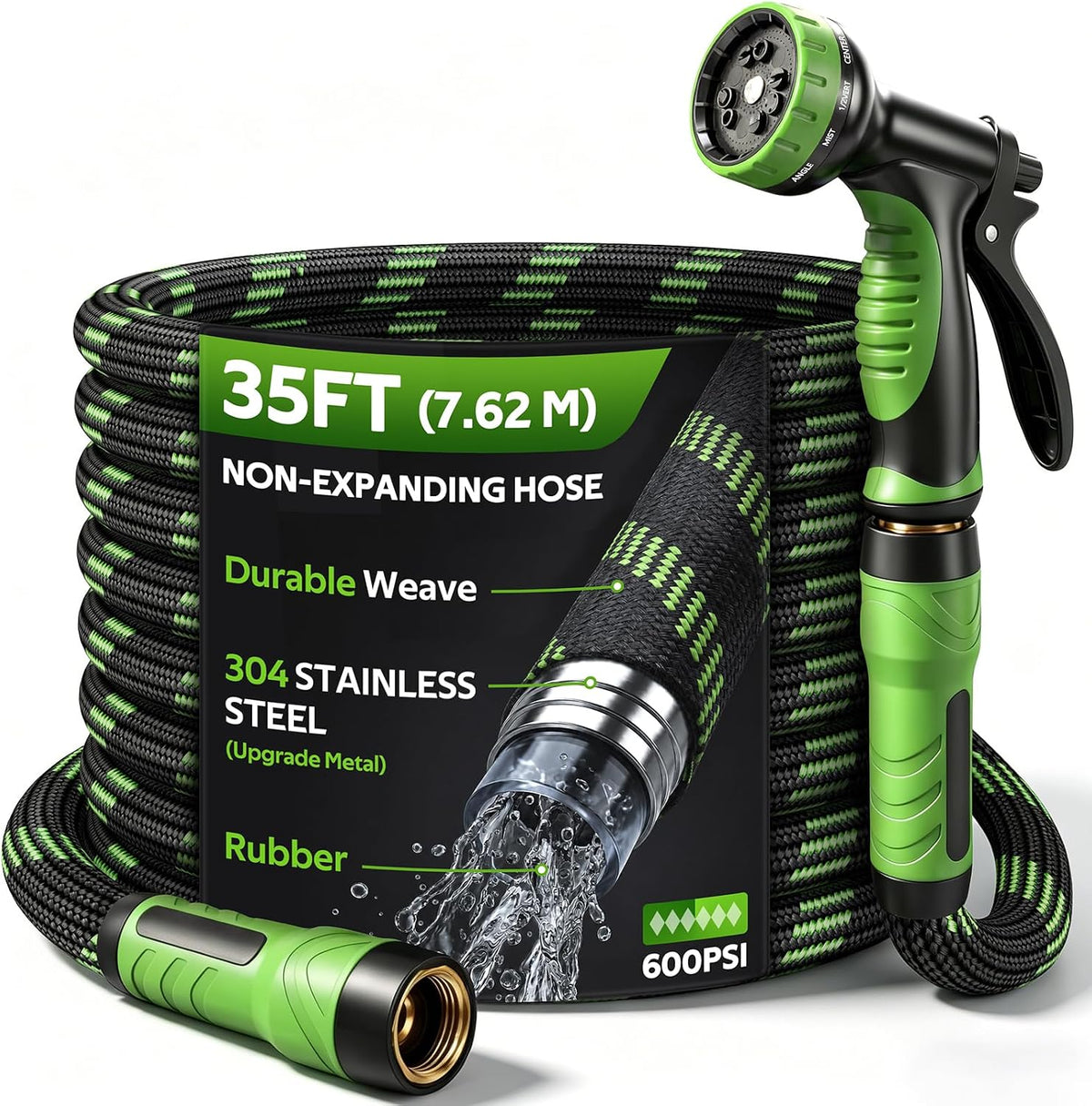 NON-EXPANDABLE Garden Hose 35 FT Water Hose with 10-Function Spray Nozzle