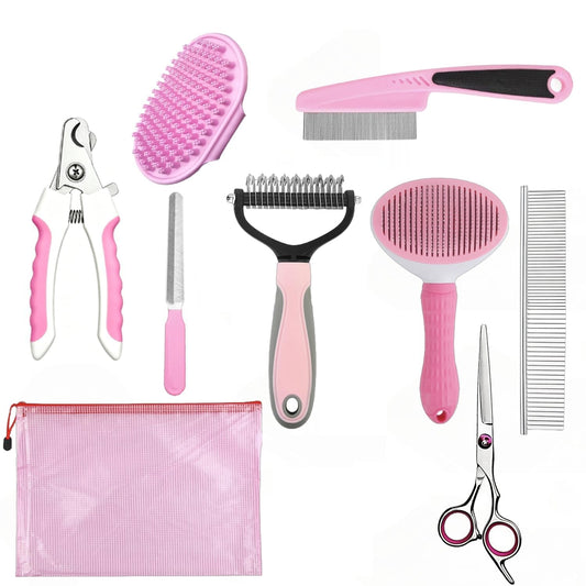 9Pcs Dog Grooming Kit, Slicker & Shedding Brush for Dogs & Cats (Pink)
