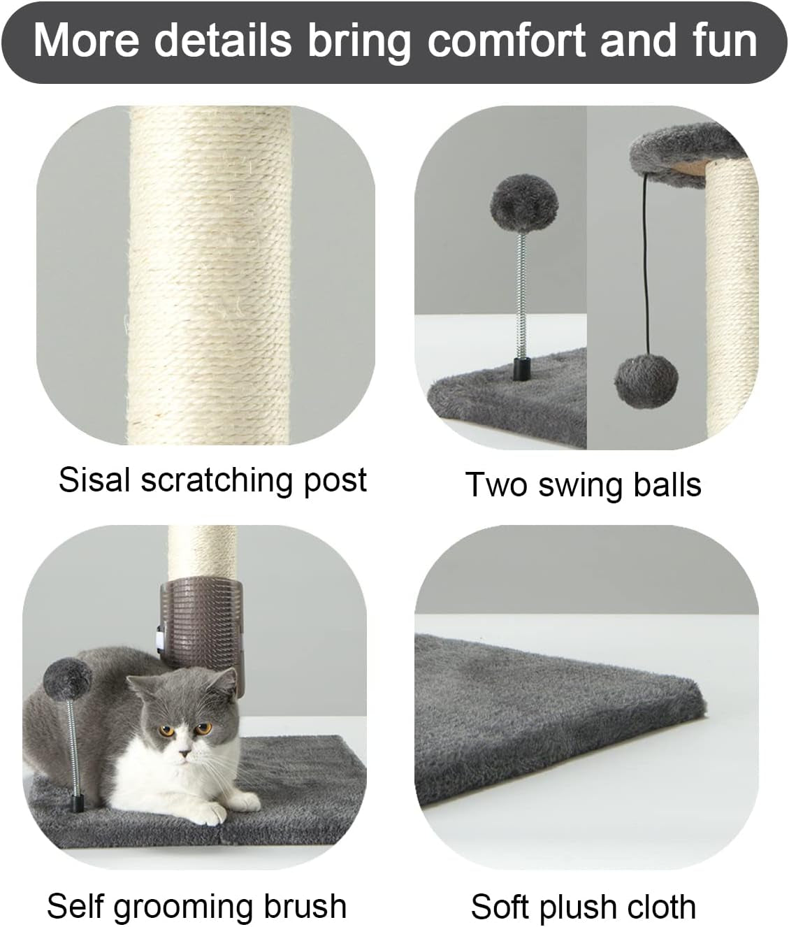 PEEKAB 32" Tall Cat Scratching Post Sisal Scratch Posts,With Hanging Ball and Self-Massage Brush Vertical Scratcher for Indoor Cats and Kittens Gray 32Inches