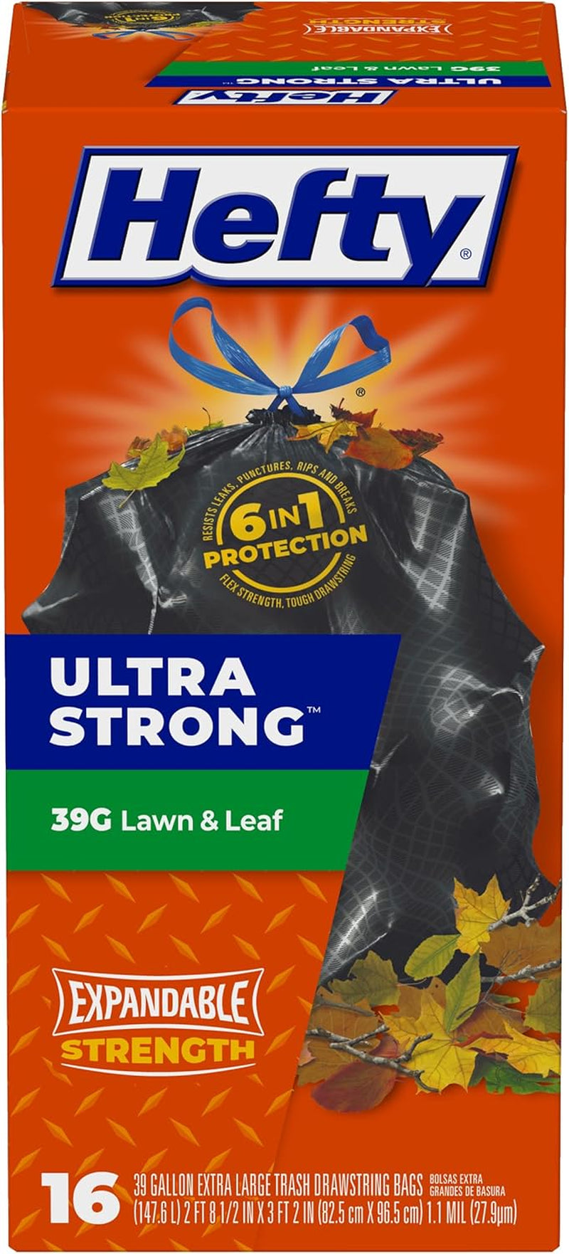 Hefty Ultra Strong Lawn and Leaf 39 Gal Trash Bags, Black, Unscented, 16Ct