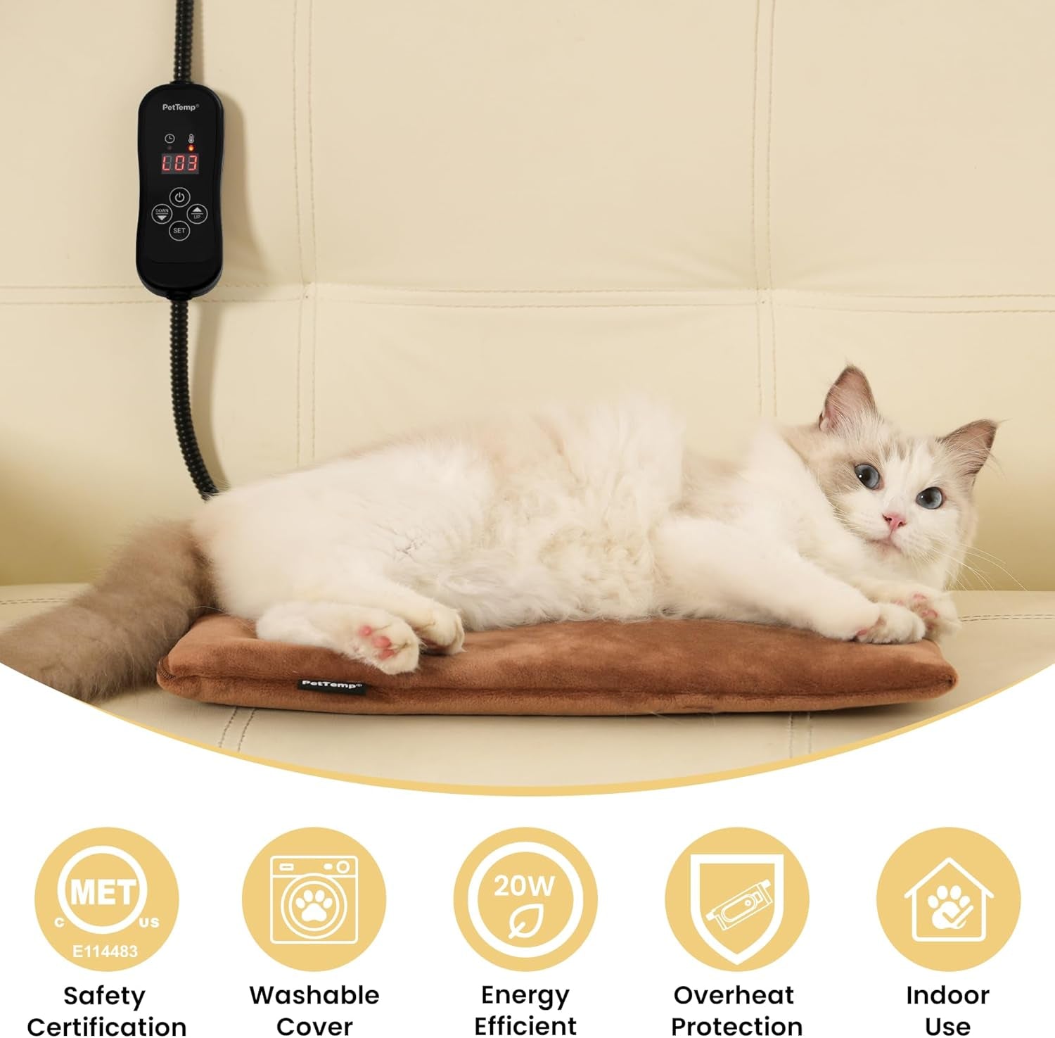 Pet Heating Pad for Cats and Dogs, Heated Cat Bed & Dog Heating Pad with 5 Temperature Levels, Waterproof Heated Pet Mat with Timer, Auto Power-Off and Chew Resistant Cord, 20'' X 16''