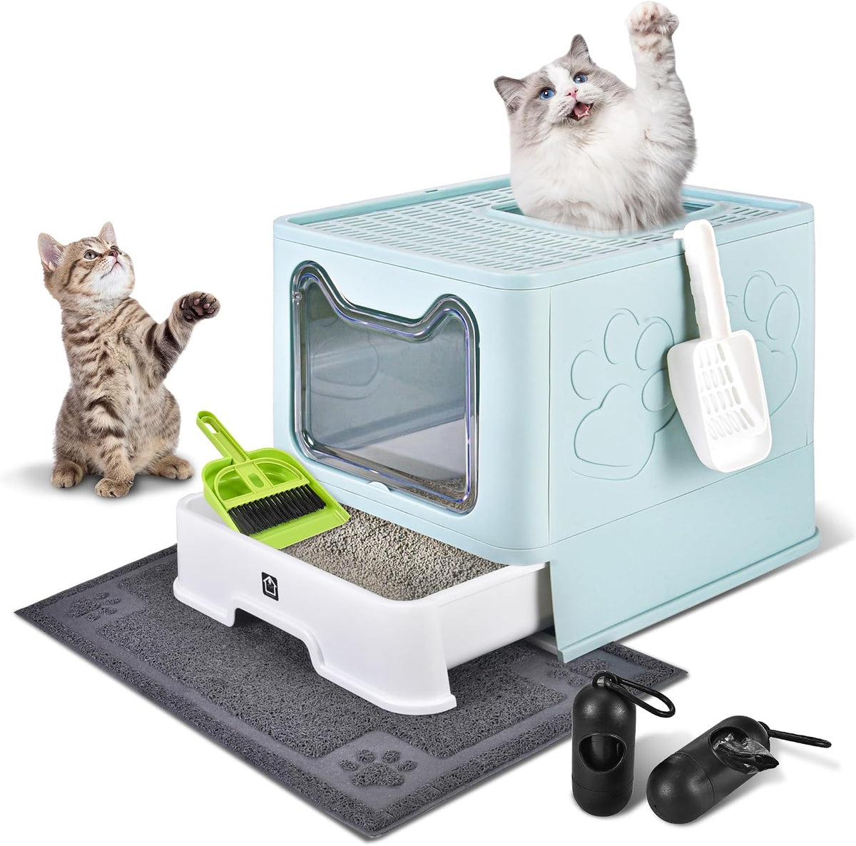 Covered Cat Litter Box, Extra Large Drawer Design with Dual Entry,Baby Blue