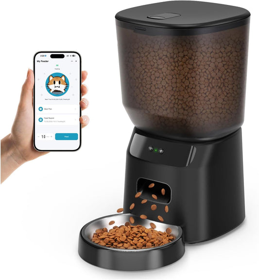 Automatic Cat Feeder Wifi, 5L Pet Feeder with App Control, 10 Meals Daily, 20 Portion Sizes, Timed Automatic Cat Food Dispenser, Stainless Steel Bowl, Dual Power Supply, Dry Food Feeder for Cats