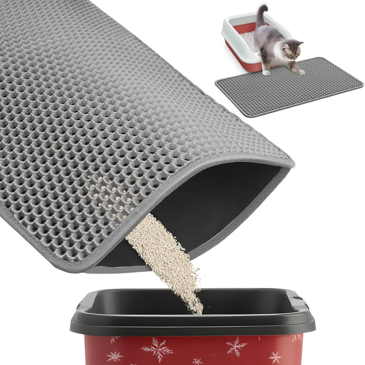 Powools Ultra-Large Cat Litter Mat, 27'' X 19", Double-Layer, Grey