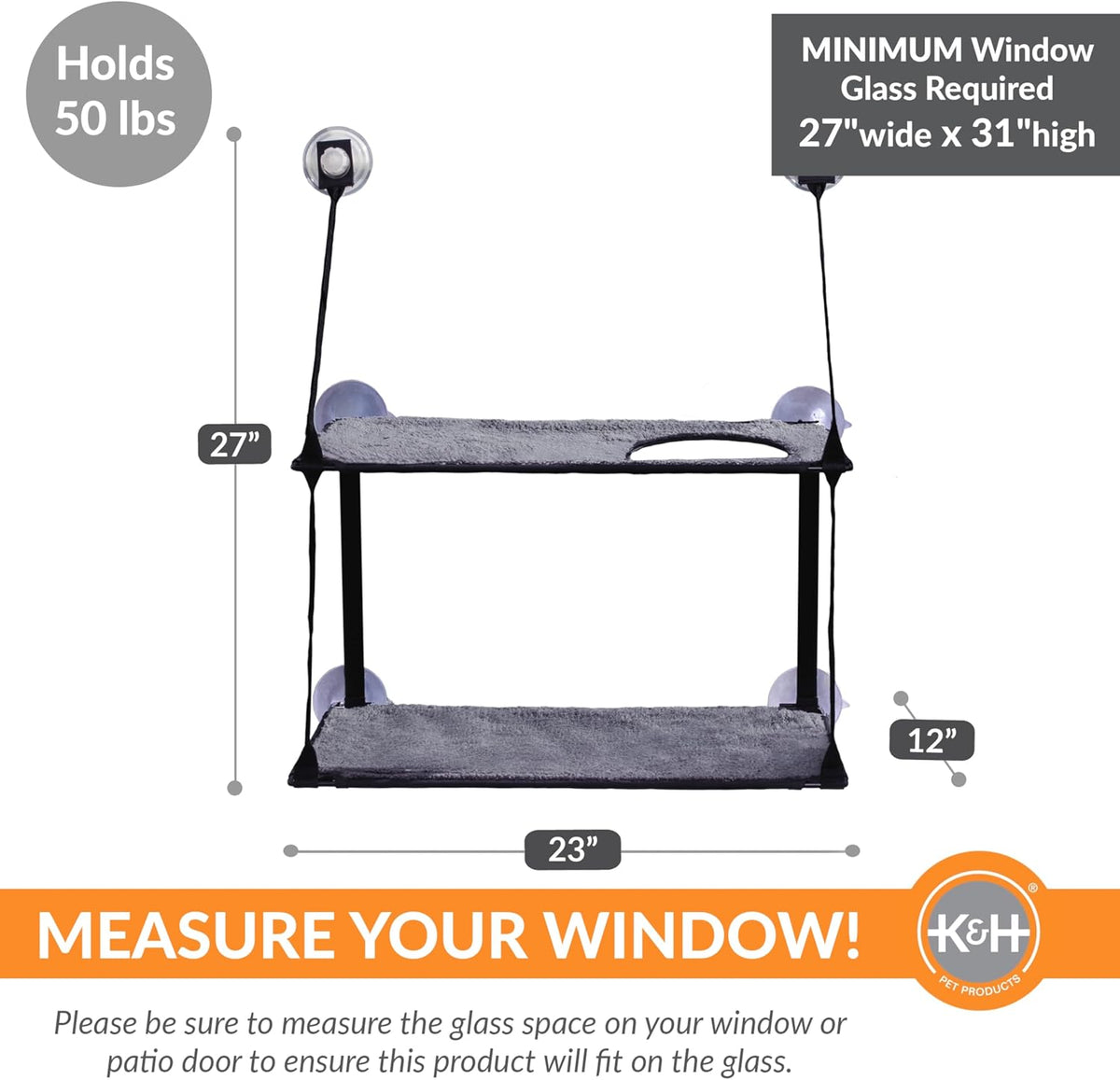 K&H Cat Window Perch, EZ Mount Double Stack Kitty Sill for Large Cats, Gray