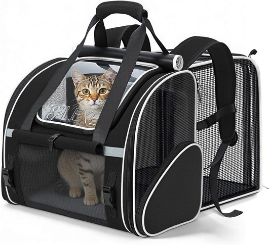 Expandable Cat Backpack Carrier up to 18LBS, Breathable Cat Carrier Backpack for Cats and Small Dogs with Sun Shade & Safety Leash, Lekereise Soft-Sided Pet Carrier for Travel/Vet/Camping Black M