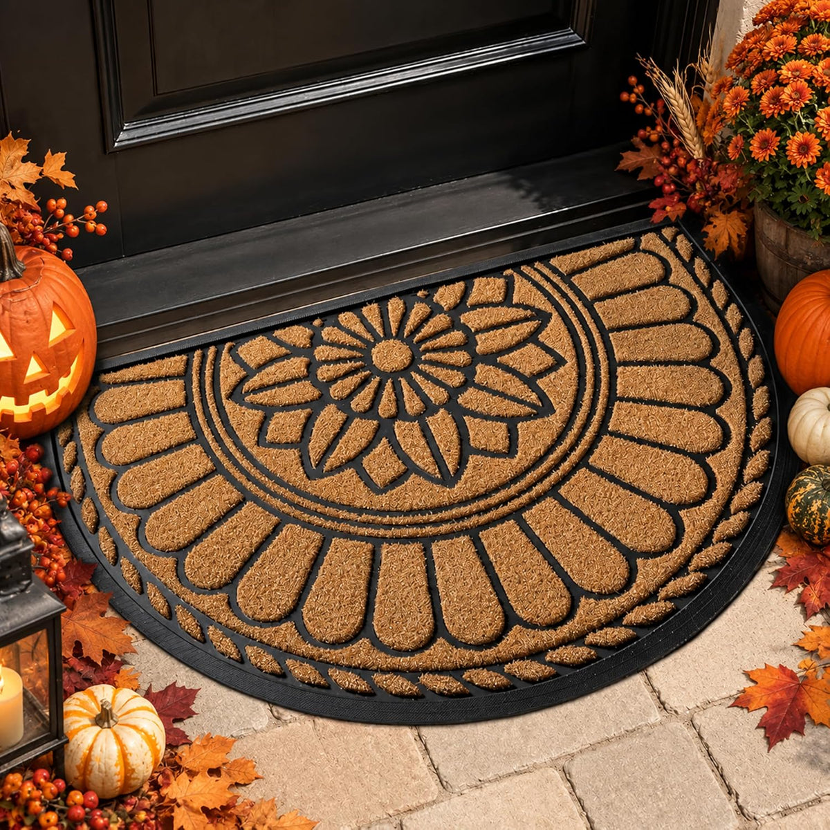 Mibao Front Door Mat Indoor Outdoor Entrance, Semicircular Entrance Mat, Half round Waterproof Non-Slip Durable Rubber Door Mats, Low Profile Heavy Duty Doormat for Garage, Patio, 30" X 18", Yellow