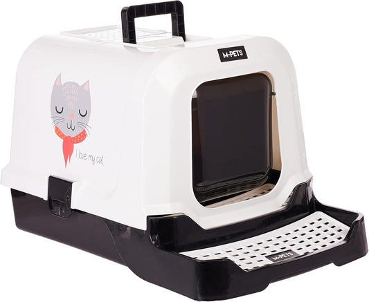 M-PETS SUEZ Covered Cat Litter Box with Scoop & Waste Bags, Large Hooded Cat Toilet with Flap Door, Odor Control Enclosed Kitty Litter Tray, 69 X 42 X 41 Cm (Love Cat Design)
