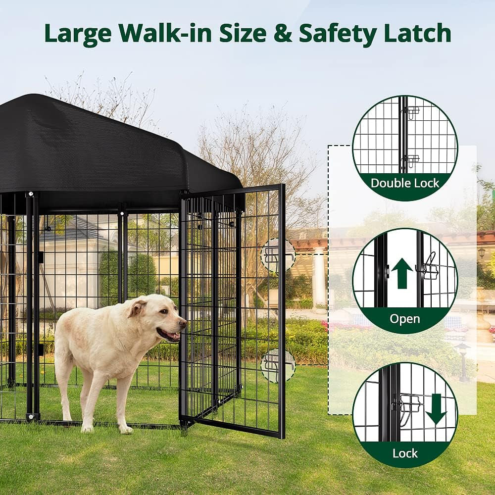 Dog Kennel outside with Roof, 4'X4'X4.5' Outdoor Dog Kennels for Large Dogs, Heavty Duty Welded Dog Crate Playpen with Uv-Resistant Waterproof Cover