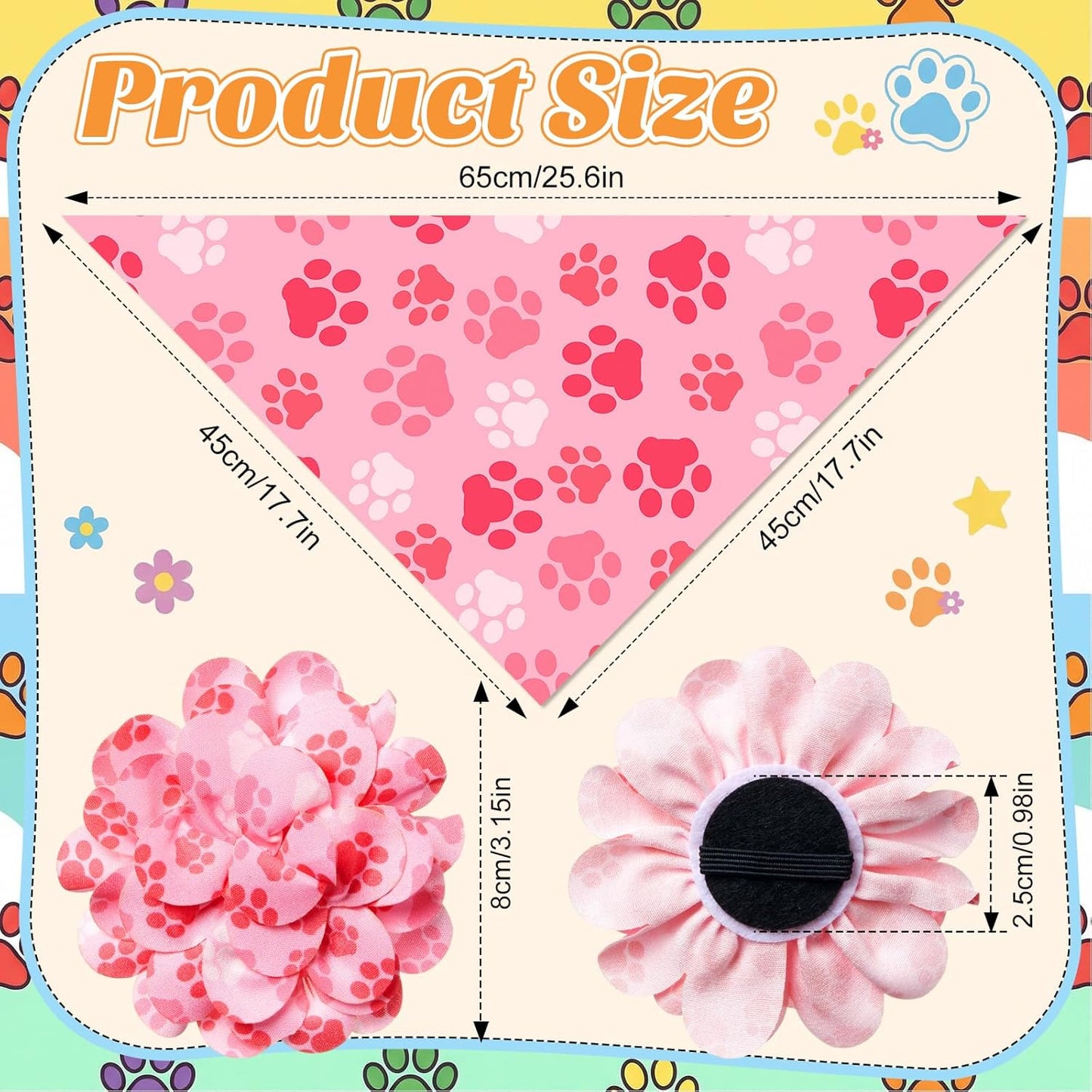 Huhumy 100 Pack Paw Print Dog Bandanas & Flowers, Cute Dog Paw Pattern Scarf Set, Photo Props & Grooming Accessories for Groomers, Pet Shops & Multi-Dog Families, 25 Styles