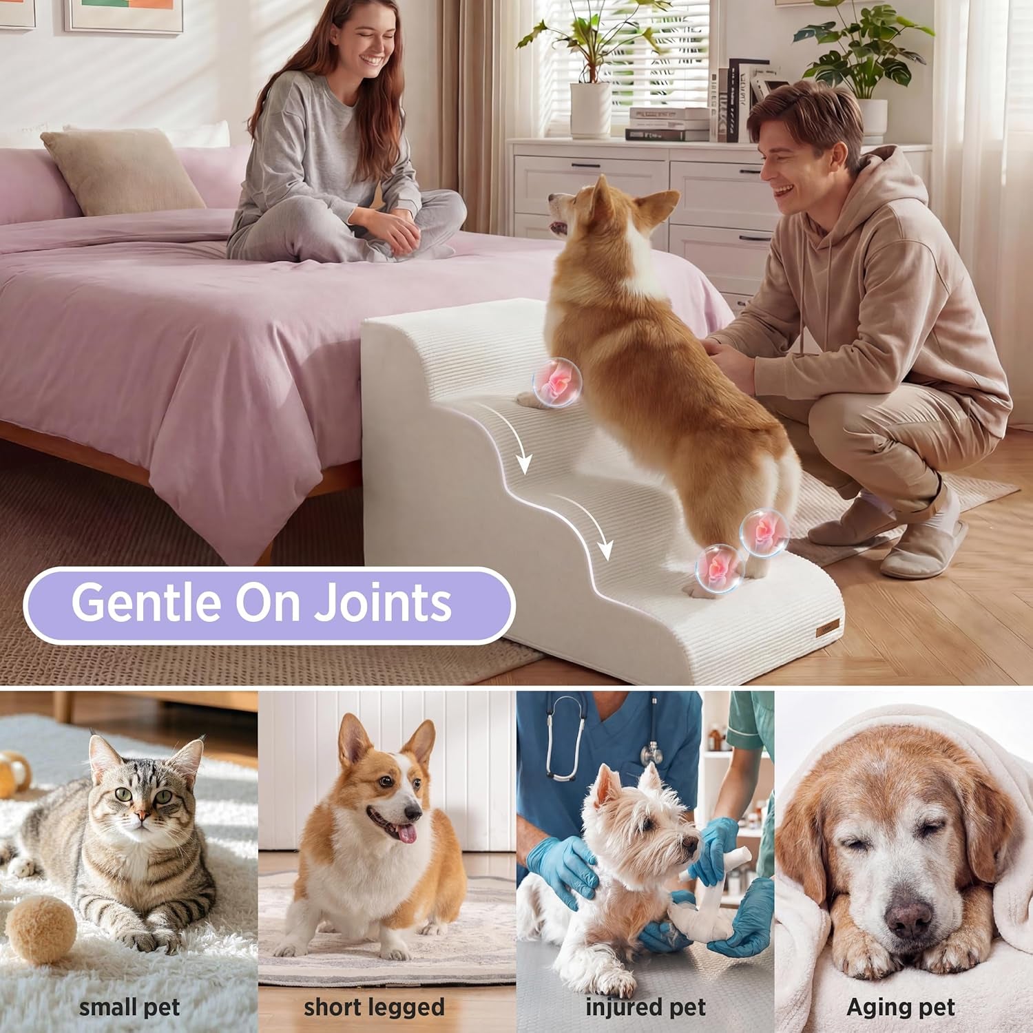 Lesure Dog Stairs for Small Dogs Pet Steps Ramp for High Bed and Couch with Certipur-Us Certified Foam with Non-Slip Bottom, Beige, 4 Steps